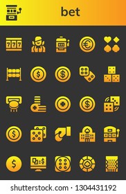 bet icon set. 26 filled bet icons.  Collection Of - Slot machine, Croupier, Coin, Poker, Dice, Coins, Dices, Casino, Gambling