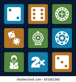 Bet icons set. set of 9 bet filled icons such as roulette, dice, casino bet, casino boy, dice
