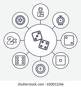Bet icons set. set of 9 bet outline icons such as roulette, dice, casino bet, casino boy, dice