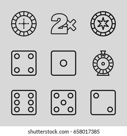 Bet icons set. set of 9 bet outline icons such as roulette, dice, casino bet
