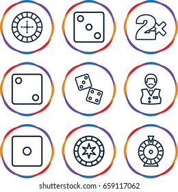 Bet icons set. set of 9 bet outline icons such as roulette, dice, casino bet, casino boy, dice