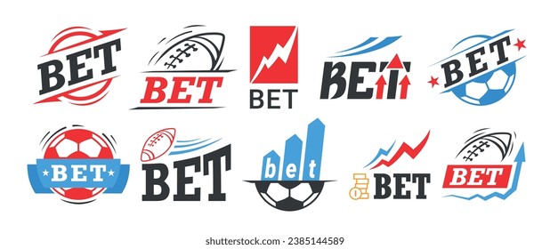 Bet logo bookmaker sport betting gambling game lottery playing emblem design template set vector flat illustration. Football baseball hockey sportive gaming championship money victory match label