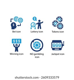 Bet, Lottery, Tokens, Winning, NO gambling, Jackpot, Blue Icon Set