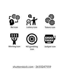 Bet, Lottery, Tokens, Winning, NO gambling, Jackpot, Black Icon Set