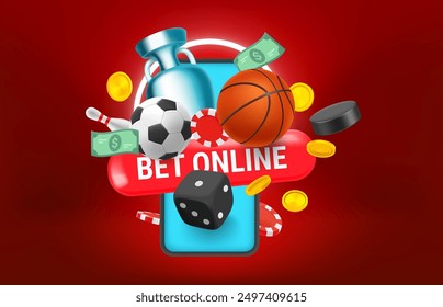 Bet online concept with sport inventory and smartphone. 3d style vector illustration