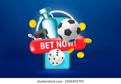 Bet online concept with sport inventory and smartphone. 3d style vector illustration 