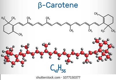 Beta Carotene, provitamin A, is an organic red-orange pigment in plants and fruits. Structural chemical formula and molecule model. Vector illustration