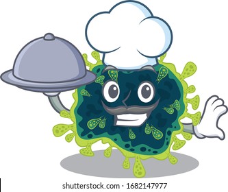 beta coronavirus como personaje de caricatura del chef con comida en la bandeja