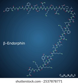 Molécula de beta endorfina. Neuropeptídeo opioide endógeno e hormônio peptídeo. Fórmula química esquelética, fundo azul escuro. Ilustração vetorial