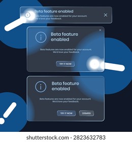 Beta Feature Enabled Glassmorphism Notification UI Kit with Toast Banner Modal Dialog and Popup Vector