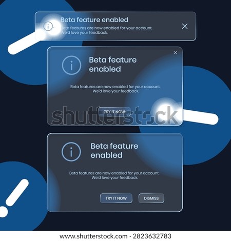 Beta Feature Enabled Glassmorphism Notification UI Kit with Toast Banner Modal Dialog and Popup Vector