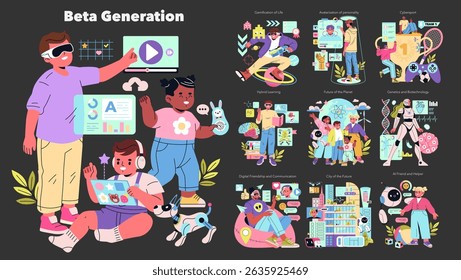 Conceito de geração beta. Concentra-se na tecnologia de navegação de jovens com experiência digital, como aprendizagem híbrida, gamificação e companheirismo de IA. Explora seu futuro, comunicação e criatividade. Vetor