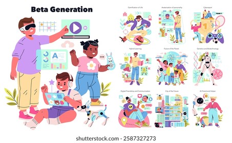 Beta Generation concept. Illustrates the experiences of today's youth with technology and innovation. Engaging in hybrid learning, digital relationships, and future-oriented advancements. Vector