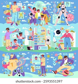 Beta Generation concept. Illustrates the tech-savvy younger generation engaging with technology, education, and social media. Highlights diversity, innovation, and futuristic themes in daily life