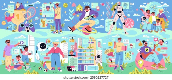 Beta Generation concept. This illustration captures the essence of the youngest generation engaging with technology, social media, and science. It reflects a world of innovation, learning, and