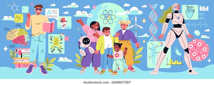 Beta Generation is depicted through diverse characters engaged in scientific exploration and technology. This illustration showcases children's curiosity, learning, and future possibilities in STEM