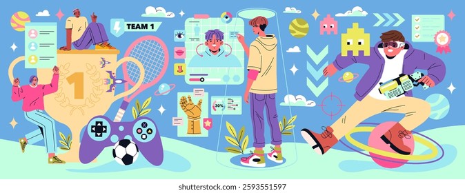 Beta Generation representation in a dynamic scene blending gaming, sports, and technology. Youth engage with various activities, showcasing teamwork, competition, and diverse interests. Vector