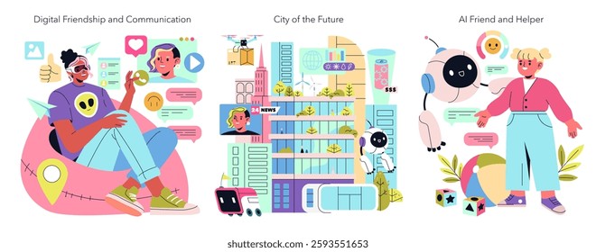 Beta Generation representation shows a vibrant mix of digital friendship, futuristic cityscapes, and AI assistance. It explores modern communication, innovation in urban life, and human-technology