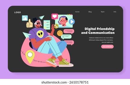 Beta Generation and their digital social interactions. Illustrates the essence of online friendships, communication tools, and the engagement of youth in a virtual world. Vector illustration.