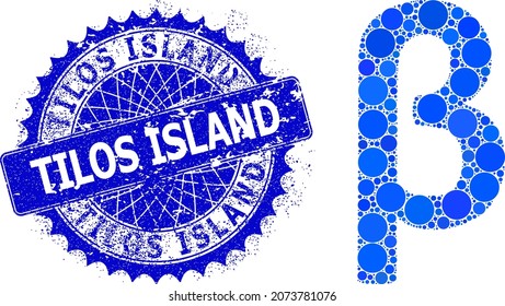 Beta Greek lowercase symbol vector collage of round dots in variable sizes and blue color shades, and textured Tilos Island stamp seal.