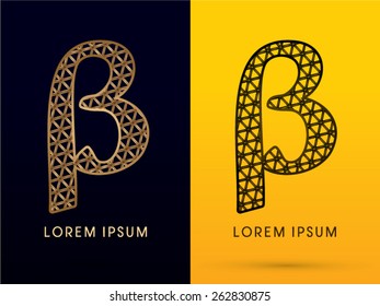 Beta ,Luxury font, designed using gold and black triangle geometric shape. on dark and yellow  background, sign ,logo, symbol, icon, graphic, vector.