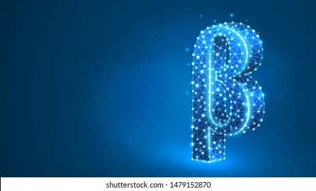 Beta, the second letter of a Greek alphabet. Greek numerals, mathematical number two concept. Abstract, digital, wireframe, low poly mesh, vector blue neon 3d illustration. Triangle, line dot