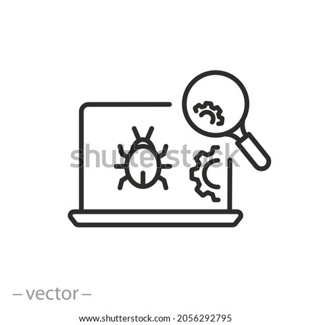 beta testing icon, software help, search tester, programming analysis, online update support, browsing demo test, thin line symbol on white background - editable stroke vector illustration
