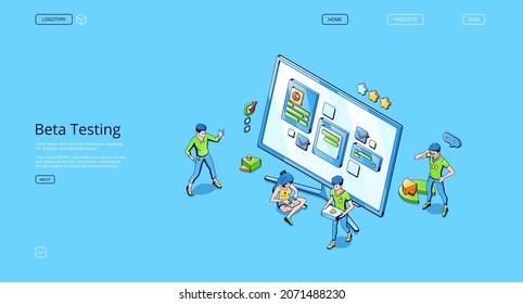 Beta testing isometric landing page. Functional software test, mobile application and website platform to search errors and bugs, dashboard usability optimization for pc, 3d vector line art web banner