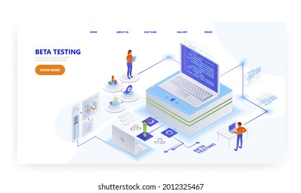 Beta testing, landing page design, website banner vector template. Software testing and quality assurance.