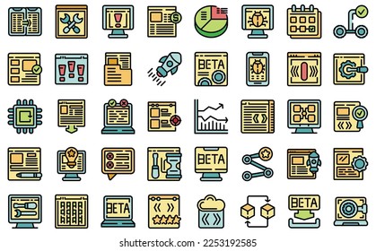 Beta version icons set outline vector. Build bug. Code app color line flat isolated on white