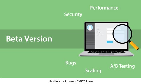 beta version software concept with laptop and magnifying glass with error bug bugs a/b testing performance and scaling launch