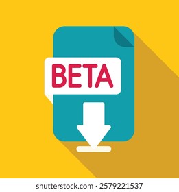 Beta version software file downloading with down arrow icon, flat design with long shadow