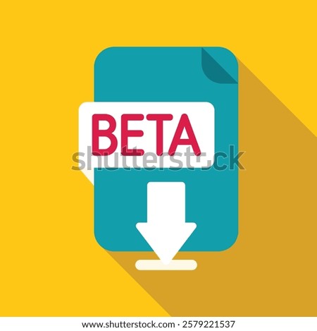 Beta version software file downloading with down arrow icon, flat design with long shadow