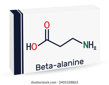 Beta-alanine or β-Alanine molecule. It is naturally occurring beta amino acid. Skeletal chemical formula. Paper packaging for drugs. Vector illustration 