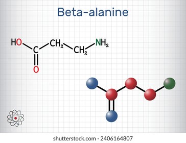 Beta-alanine or β-Alanine molecule. It is naturally occurring beta amino acid. Structural chemical formula, molecule model. Sheet of paper in a cage. Vector illustration