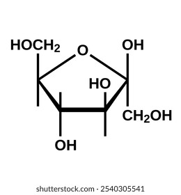 Fórmula estrutural cíclica de beta-D-frutofuranose, forma furanosa de frutose, ilustração vetorial