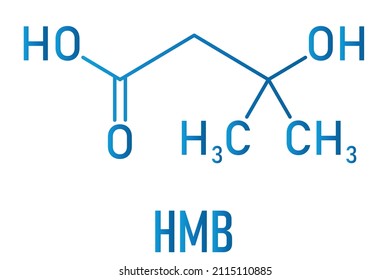 Beta-hydroxy Beta-methylbutyric Acid Or HMB Leucine Metabolite Molecule. Used As Supplement, May Increase Strength And Muscle Mass. Skeletal Formula.