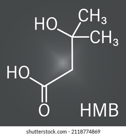 Beta-hydroxy Beta-methylbutyric Acid Or HMB Leucine Metabolite Molecule. Used As Supplement, May Increase Strength And Muscle Mass. Skeletal Formula.