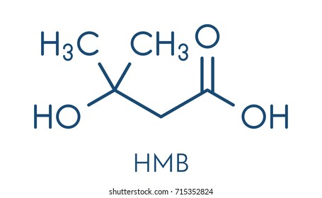 Beta-hydroxy Beta-methylbutyric Acid (HMB) Leucine Metabolite Molecule. Used As Supplement, May Increase Strength And Muscle Mass. Skeletal Formula.