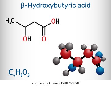 Beta-Hydroxybutyric acid, 3-hydroxybutyric acid molecule. It is beta hydroxy acid, is precursor to polyesters, biodegradable plastics. Structural chemical formula, molecule model. Vector illustration