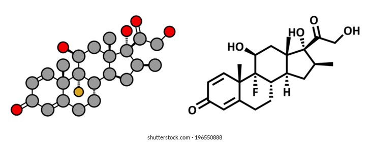 Betamethasone anti-inflammatory and immunosuppressive steroid drug, chemical structure. Conventional skeletal formula and stylized representation, showing atoms (except H) as color coded circles. 
