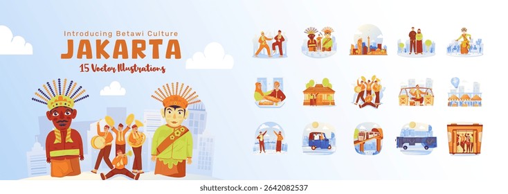 Betawi cultural illustration for Jakarta anniversary celebration, Welcome to Jakarta Indonesia, Betawi ethnic festival, Vector design
