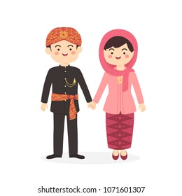 Betawi Jakarta Indonesia Couple, cute Abang None traditional clothes costume man woman cartoon vector illustration svg