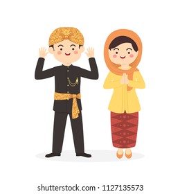 Betawi Jakarta Indonesia Couple, cute Abang None traditional clothes costume man woman cartoon vector illustration svg