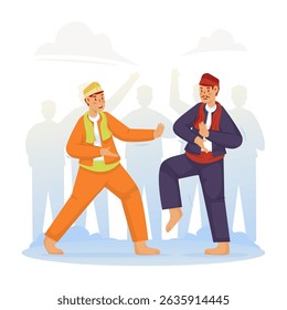Betawi silat tradition, Jakarta culture is called the palang pintu procession, Traditional Indonesian martial arts, Vector illustration