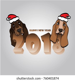 Beth.Cute dog plays with Christmas ball. Happy 2018 new year. Holidays greeting card.