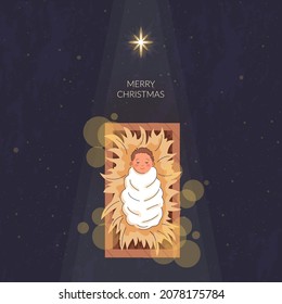 Bethlehem Star minimalistic background. Christmas scene of baby Jesus in the manger at night with big Bethlehem star. Christian Nativity with text Merry Christmas, vector banner. The birth of Jesus
