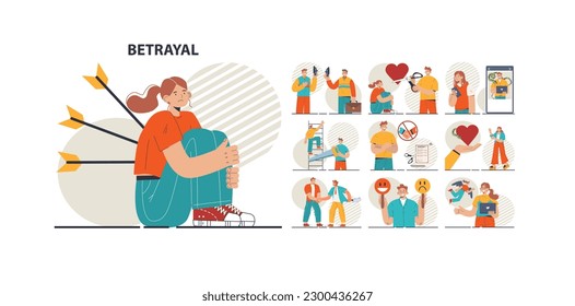 Betrayal concept set. Dishonest partnership or fake agreement. Hidden threat. Characters betray a collegue, partner or lover. Flat vector illustration