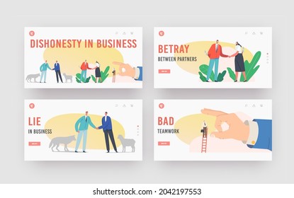 Betrayal and Dishonesty in Business Landing Page Template Set. Characters with Knives Shake Hand, Sheep and Wolf Friendship, Huge Finger Throw Off Man from Ladder. Cartoon People Vector Illustration