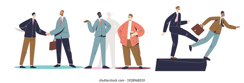 Betrayal And Lie In Business Set With Businessmen Cheating And Betraying Partners And Colleagues. Trust And Dishonest During Cooperation And Deal. Cartoon Flat Vector Illustration